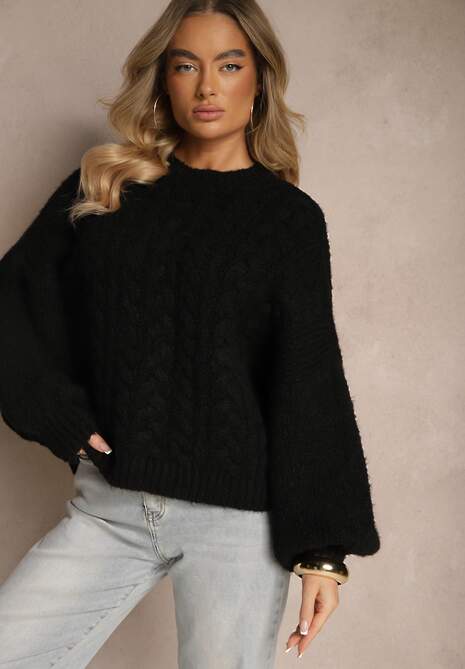 Czarny Sweter z Wełną o Eleganckim Warkoczowym Splotem Makkaria