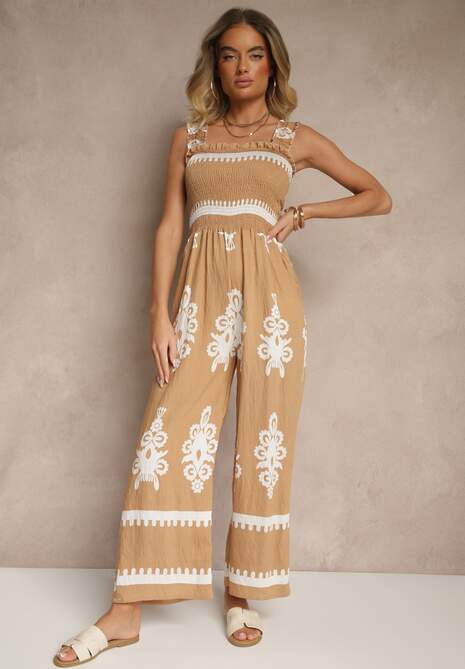 Brązowy Kombinezon Wide Leg z Wiskozy na Ramiączkach Zdobiony Etnicznym Wzorem Melriti
