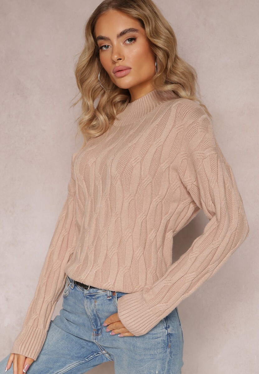 Beżowy Golf o Klasycznym Fasonie z Modnym Splotem i Ściągaczami Franka