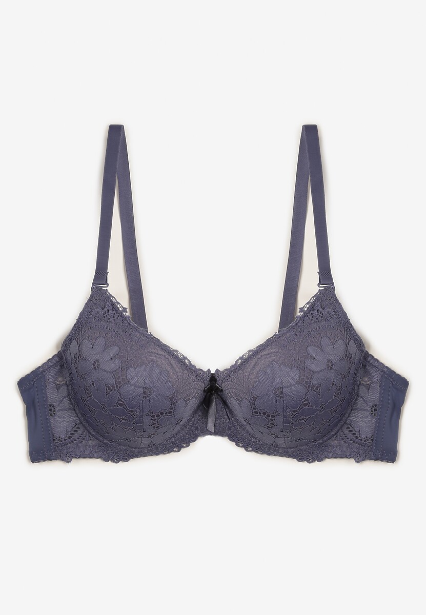 Granatowo-Szary Biustonosz Full Cup z Subtelną Koronką i Małą Kokardką Pisalia