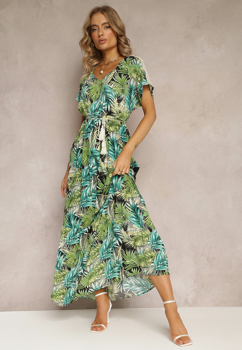 Zielono-Czarna Maxi Sukienka z Wiskozy w Kwiatowy Print ze Sznurkiem w Talii Anukka