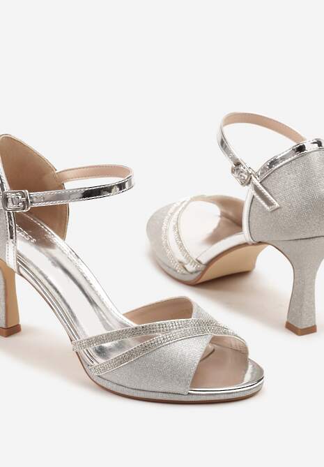 Srebrne Sandały Vices na Szpilce Ozdobione Cyrkoniami i Brokatem Oviasse