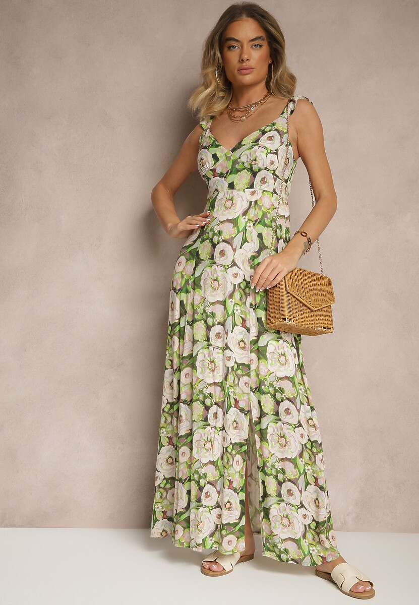 Zielono-Beżowa Wiskozowa Sukienka o Rozkloszowanym Kroju w Kwiaty Redalie