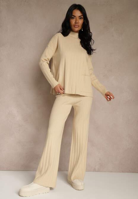 Beżowy Komplet Dzianinowy Spodnie o Szerokim Kroju i Sweter Półgolf Datusa
