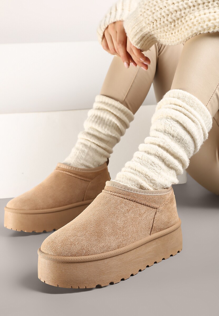 Ciemnobeżowe Śniegowce z Krótką Cholewką na Grubej Podeszwie Werilie