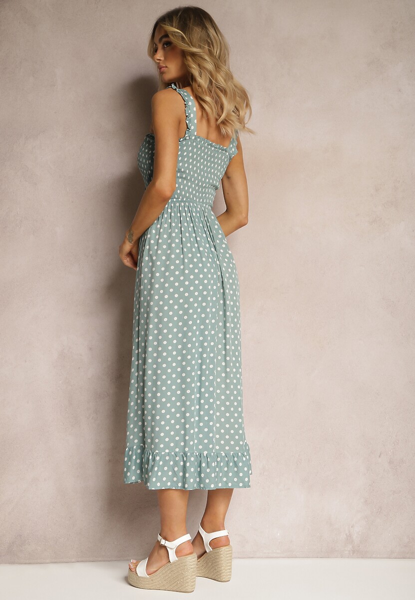 Zielona Rozkloszowana Sukienka z Wiskozy z Gumką w Pasie i Falbanką Zanneli