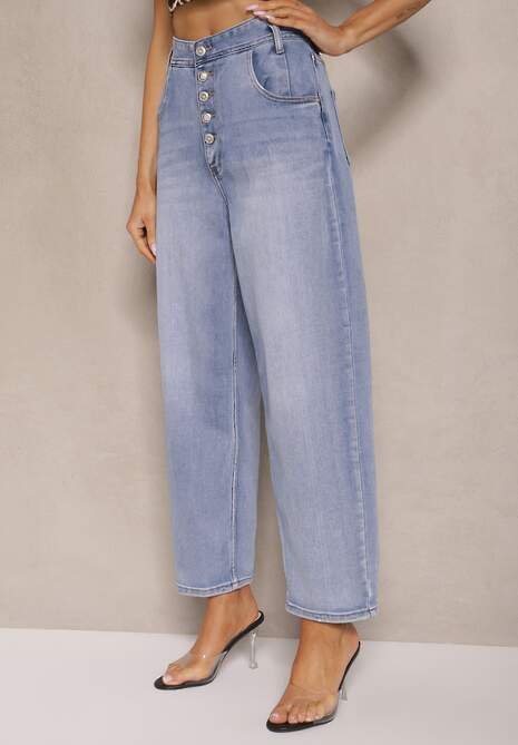 Niebieskie Jeansy Mom Fit High Waist Zapinane na Guziki Zeloiti