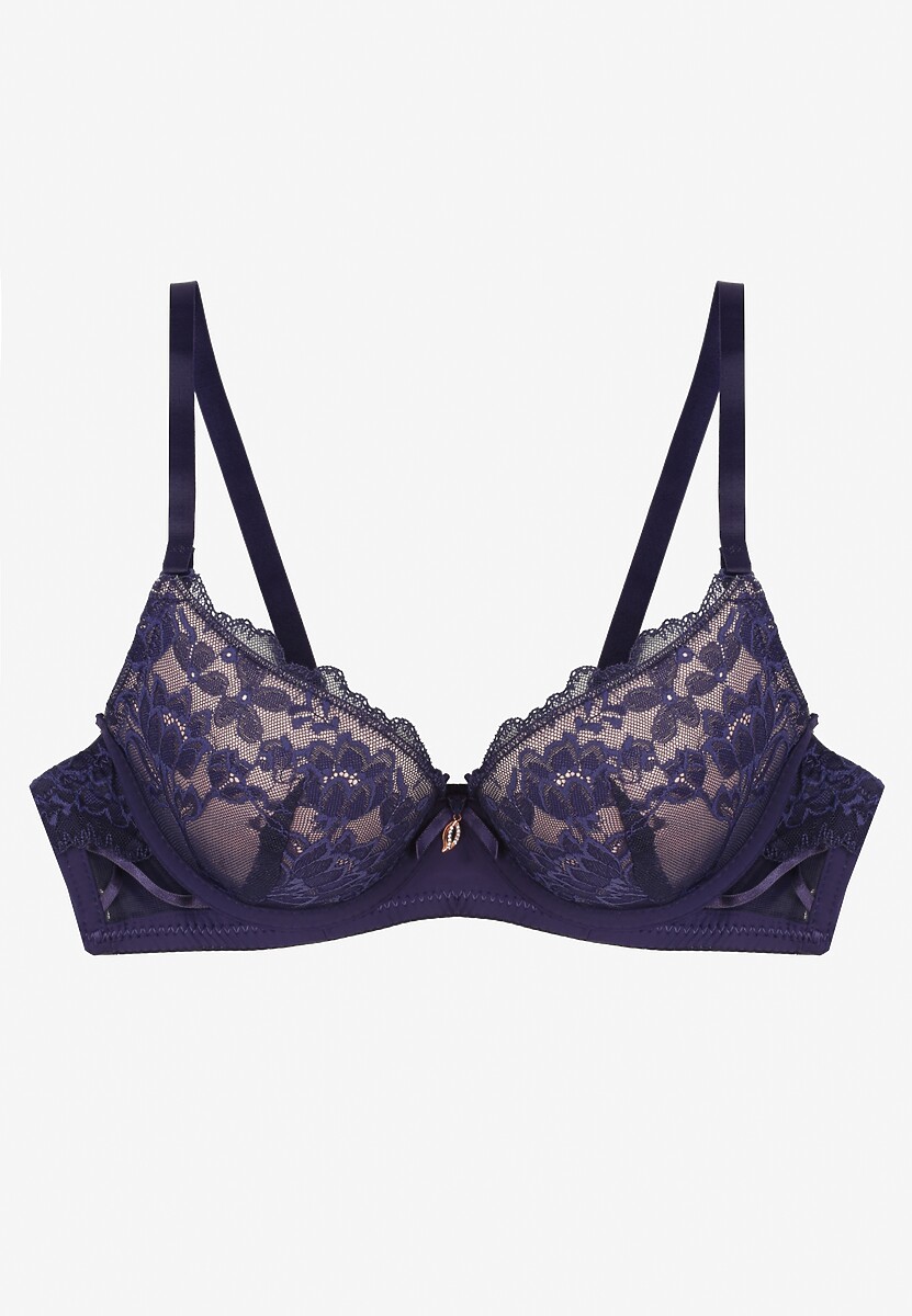 Granatowo-Różowy Biustonosz z Koronką i Kokardką Amirio