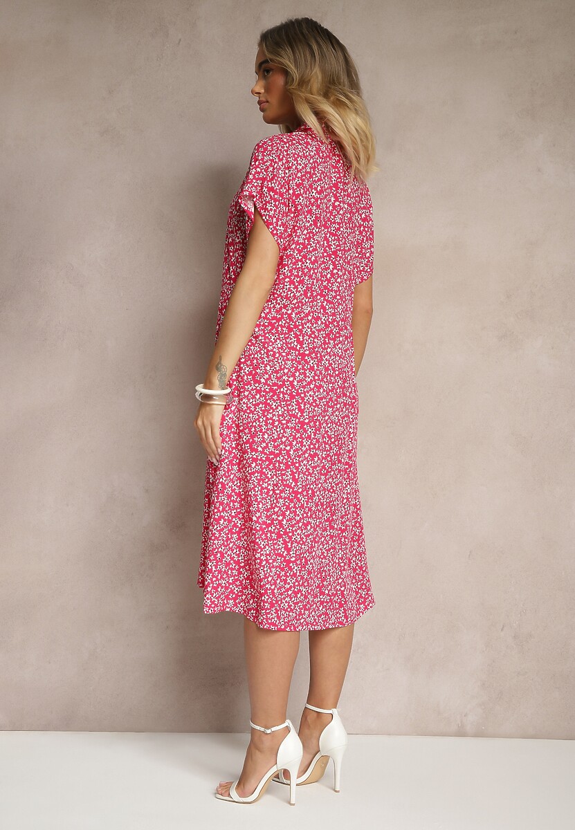 Fuksjowa Koszulowa Sukienka z Bawełny w Kwiaty o Rozkloszowanym Fasonie Sarilon