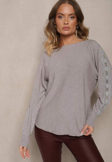 Szary Sweter z Wiskozą z Cyrkoniami i Koronką na Rękawach Enarimia