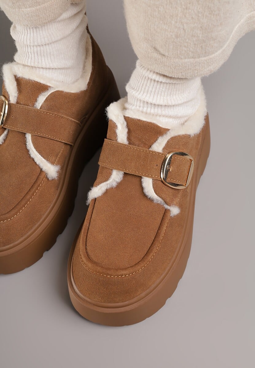 Jasnobrązowe Śniegowce na Platformie z Paskiem ze Sprzączką i Futrem Unweda
