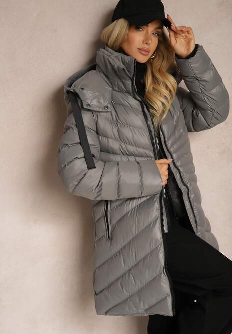 Ciemnoszara Zimowa Kurtka z Ukośnym Pikowaniem i Nieodpinanym Kapturem Siaritha