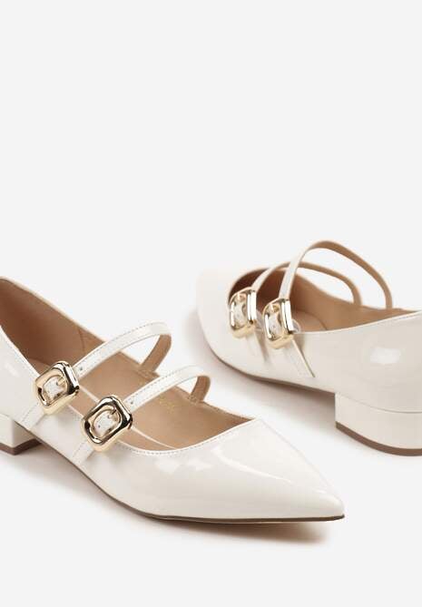 Białe Lakierowane Czółenka z Paskami na Sprzączkę i Noskiem w Szpic Odane