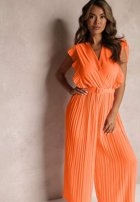 Pomarańczowy Plisowany Kombinezon z Falbankami i Szerokimi Nogawkami Jarina