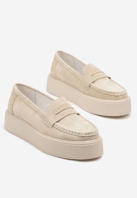 Beżowe Mokasyny Skórzane na Platformie w Stylu Półbutów Sadawene