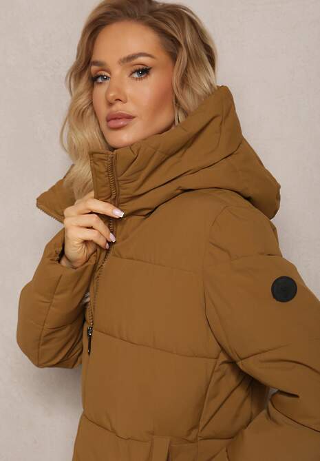 Brązowa Długa Kurtka Pikowana Płaszcz Mocno Ocieplona z Nieodpinanym Kapturem Naliope