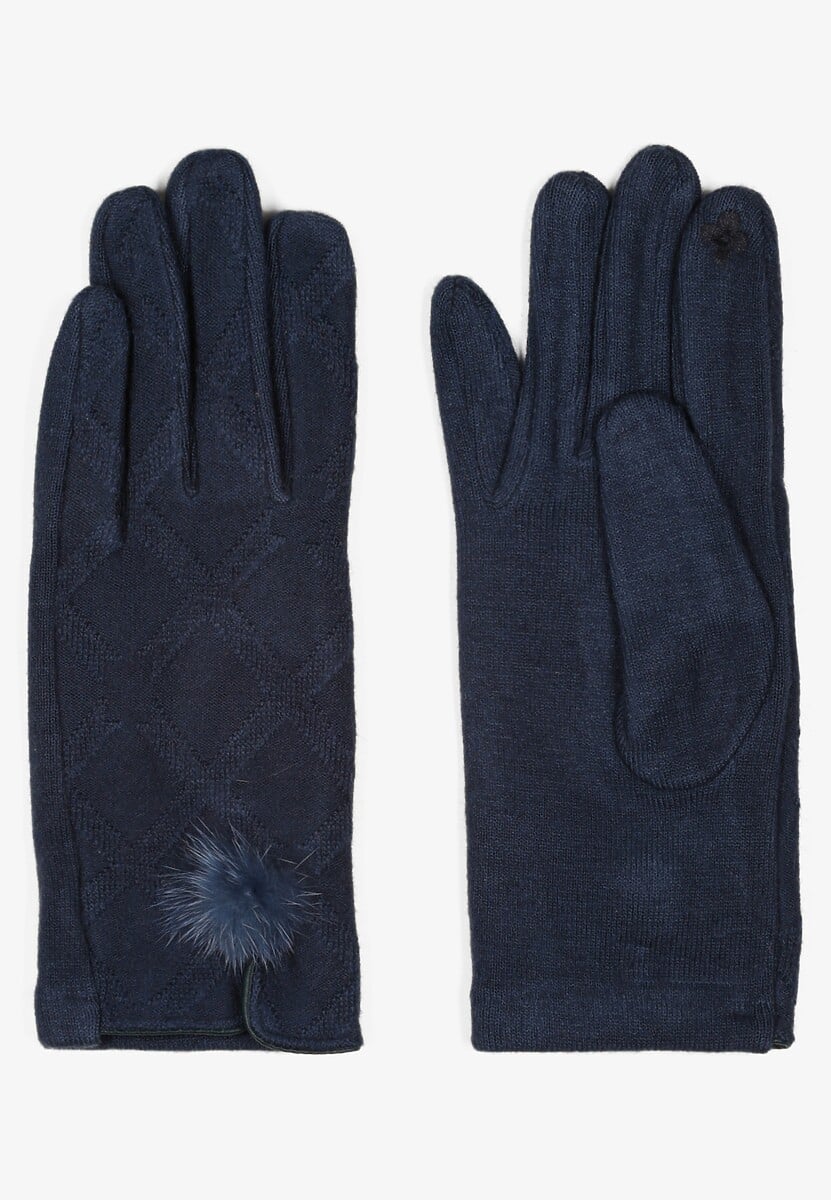 Szare Rękawiczki z Bawełną Ozdobione Pomponem i Rozcięciem Zinnaletha