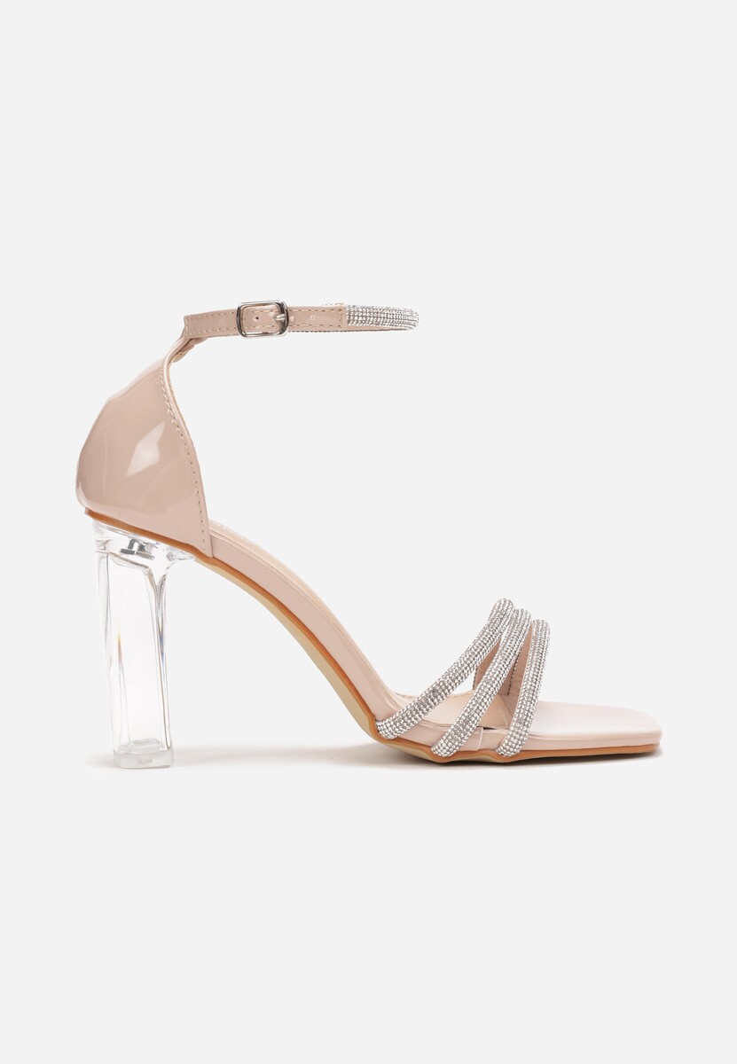Beżowe Sandały z Cyrkoniami na Transparentnym Słupku Larmela