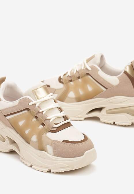 Ciemnobeżowe Sznurowane Sneakersy na Tłoczonej Platformie Nevettine