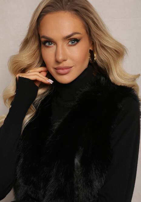 Czarna Puchata Kamizelka z Futerka Ozdobiona Imitacją Skóry Tekllesa