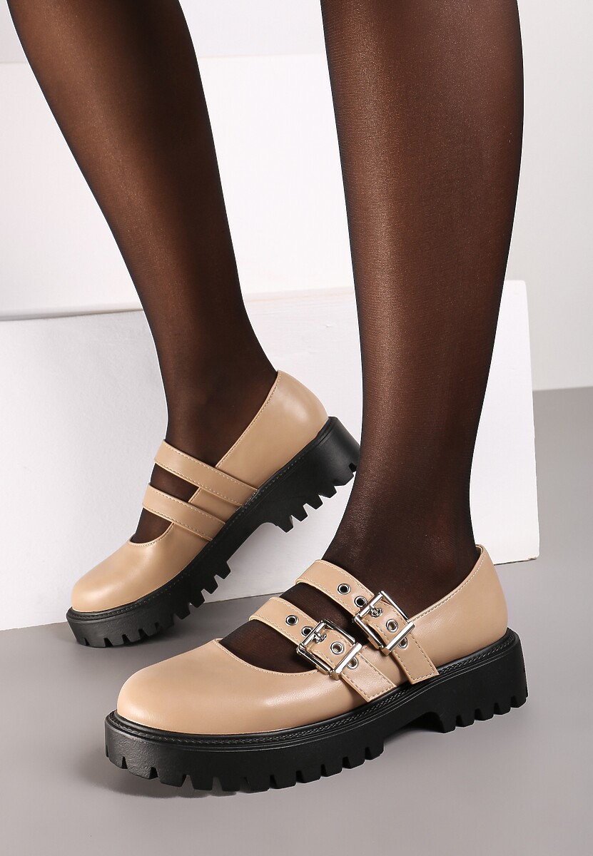 Ciemnobeżowe Półbuty na Płaskiej Podeszwie Wykończone Sprzączkami Mevitha