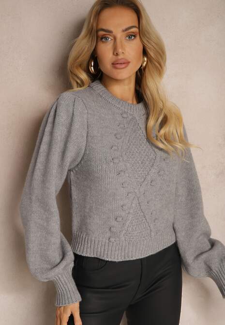 Szary Sweter z Wiskozy Ozdobiony Tłoczeniem Harizia