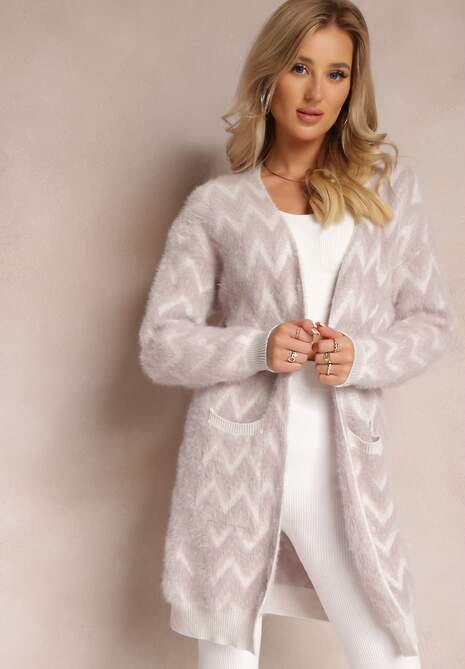 Fioletowy Niezapinany Kardigan o Przedłużonym Fasonie w Zygzaki Chevron Oherna