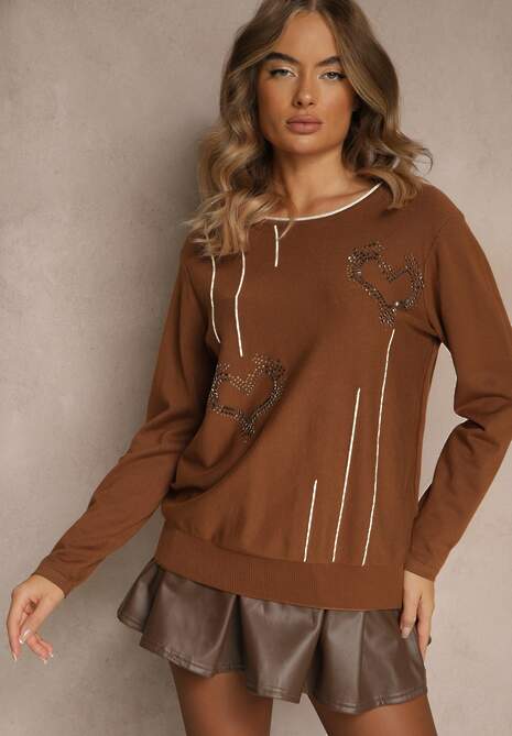Brązowy Sweter z Cyrkoniowymi Sercami Unorevia
