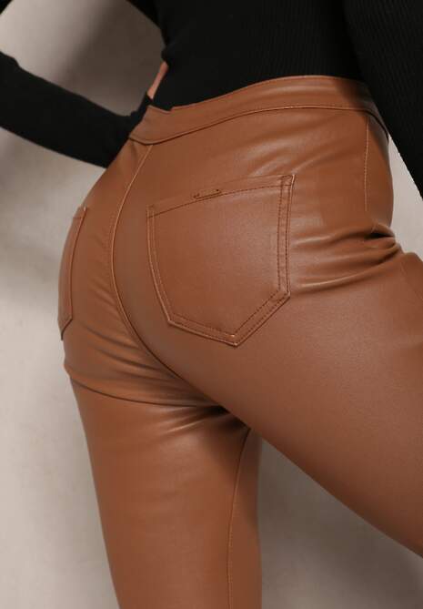 Jasnobrązowe Spodnie z Ekoskóry o Fasonie Skinny Sonowa