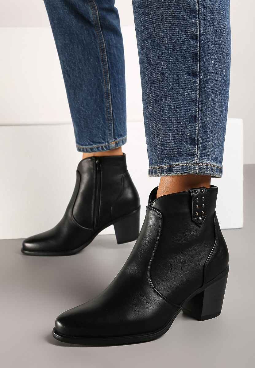 Czarne Botki na Słupku w Stylu Kowbojek z Ozdobnymi Napami Elzinna