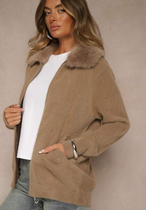 Ciemnobeżowy Zasuwany Kardigan z Wełną z Futerkowym Kołnierzem Asiste