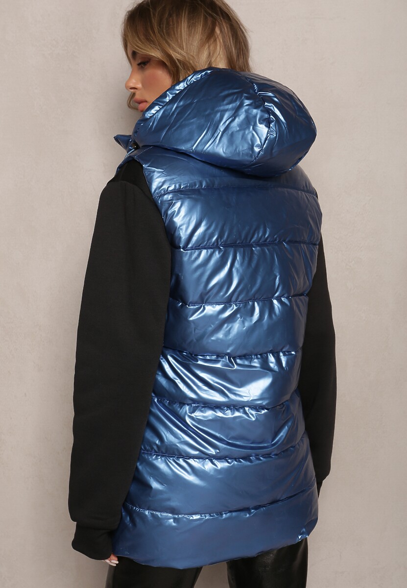 Niebieska Kamizelka Bezrękawnik z Kapturem i Ozdobnym Pikowaniem Sieuna