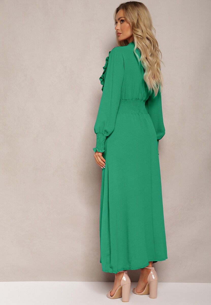 Zielona Maxi Sukienka Rozkloszowana z Falbankami i Wiązaniem przy Dekolcie Pallam