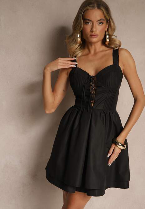 Czarna Rustykalna Sukienka Vices z Bawełny Zdobiona Wiązaniem Fenirelle