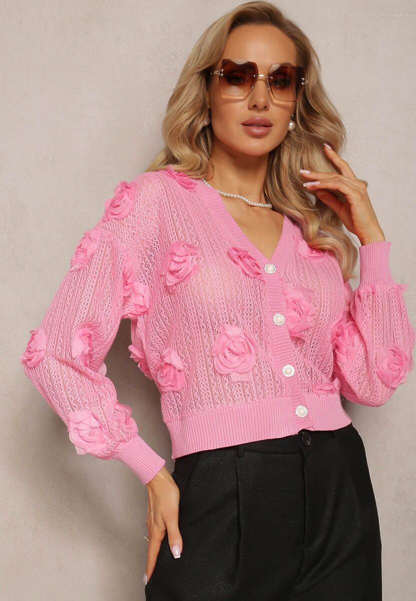 Różowy Kardigan z Ażurowym Zdobieniem w Kwiaty Barimona
