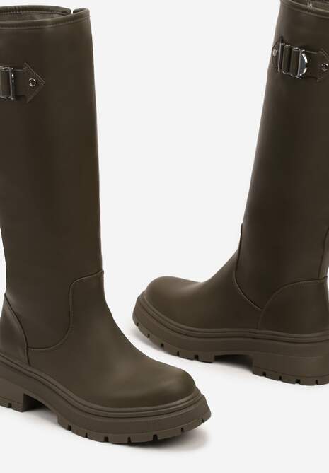 Zielone Kozaki na Płaskiej Podeszwie z Dopasowaną Cholewką z Ekoskóry i Klamrą Bellanor