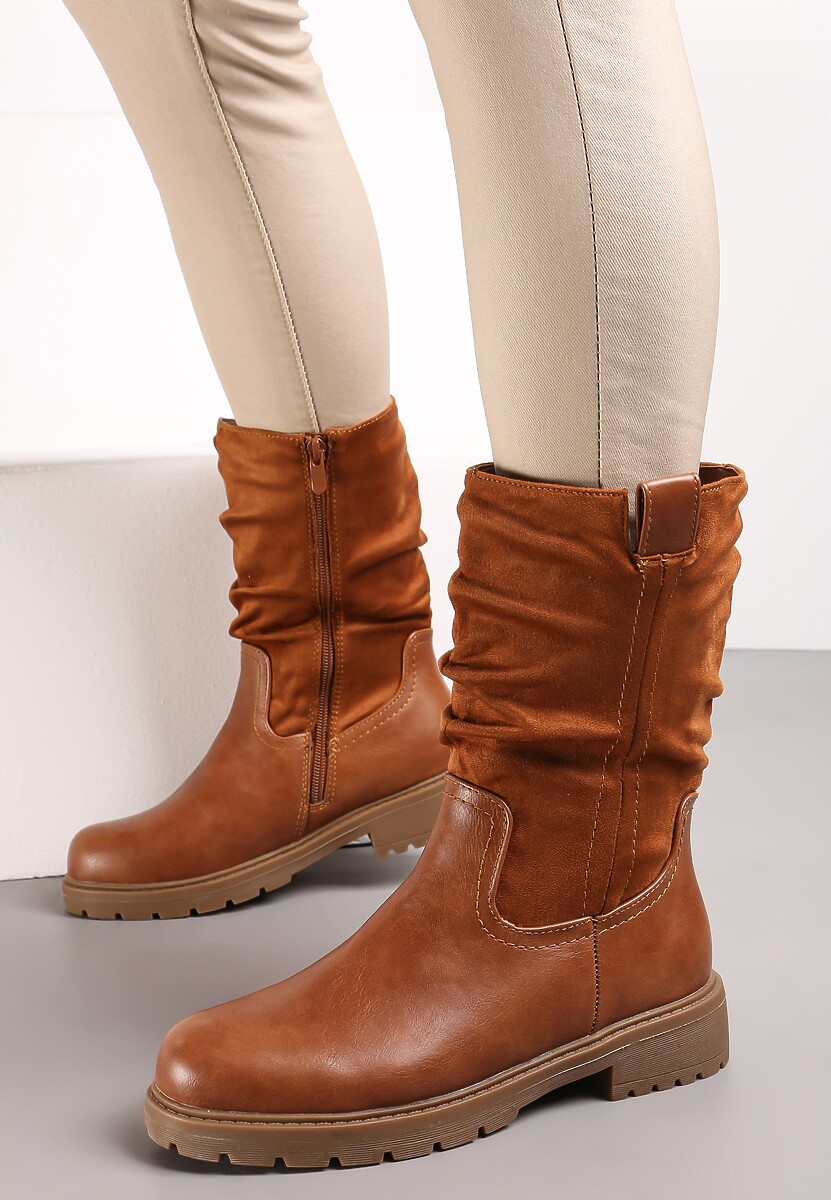 Brązowe Botki za Kostkę z Marszczoną Cholewką Sabaria