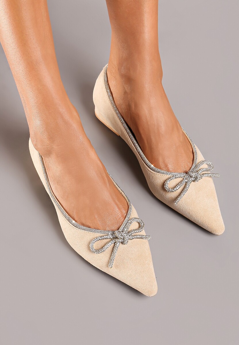 Beżowe Płaskie Balerinki z Cyrkoniową Kokardą Evalene