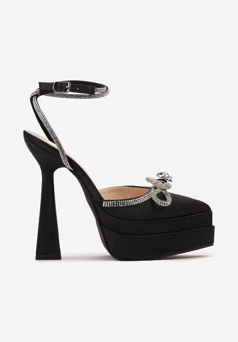 Czarne Sandały na Geometrycznej Szpilce z Platformą z Odkrytą Piątą i Biżuteryjną Kokardką Mornia