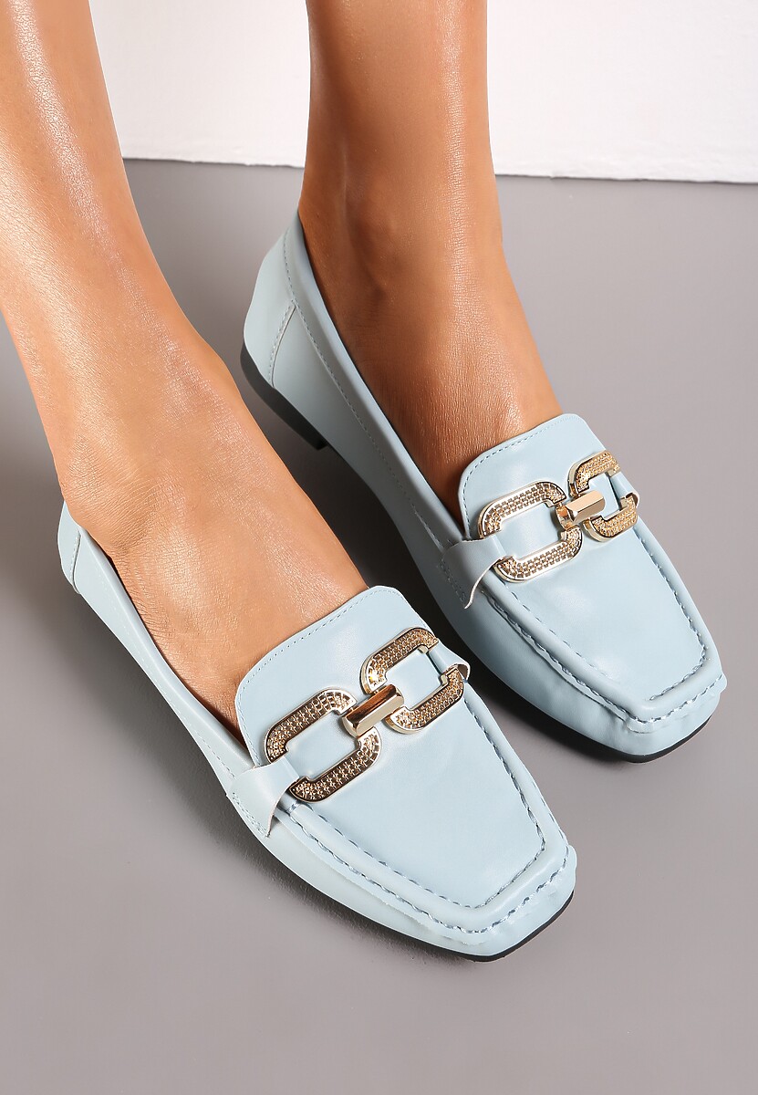 Niebieskie Mokasyny z Klamerką i Kwadratowym Noskiem Heela