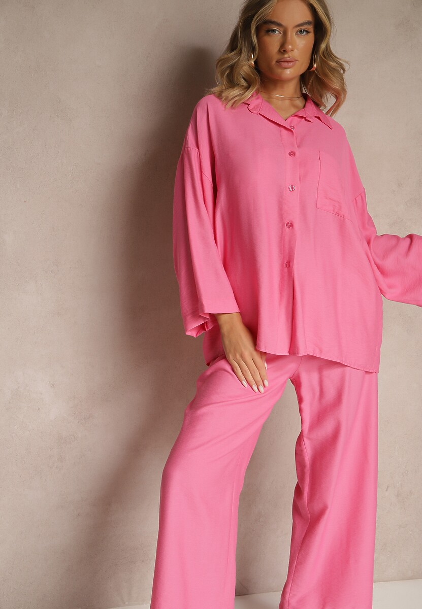 Fuksjowy Wiskozowy Komplet Oversize Koszula i Spodnie Wide Leg Zierana