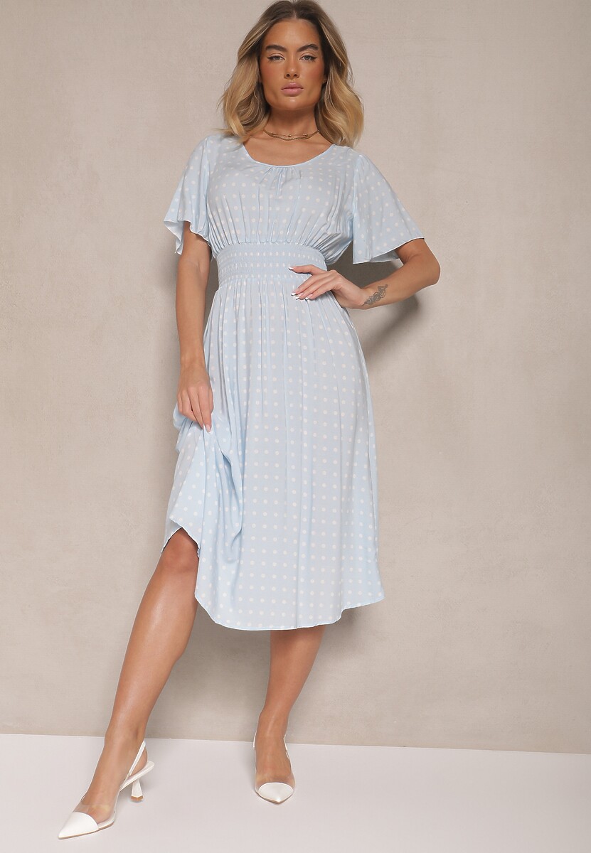 Jasnoniebieska Bawełniana Sukienka o Rozkloszowanym Fasonie w Kropki Tolimirae