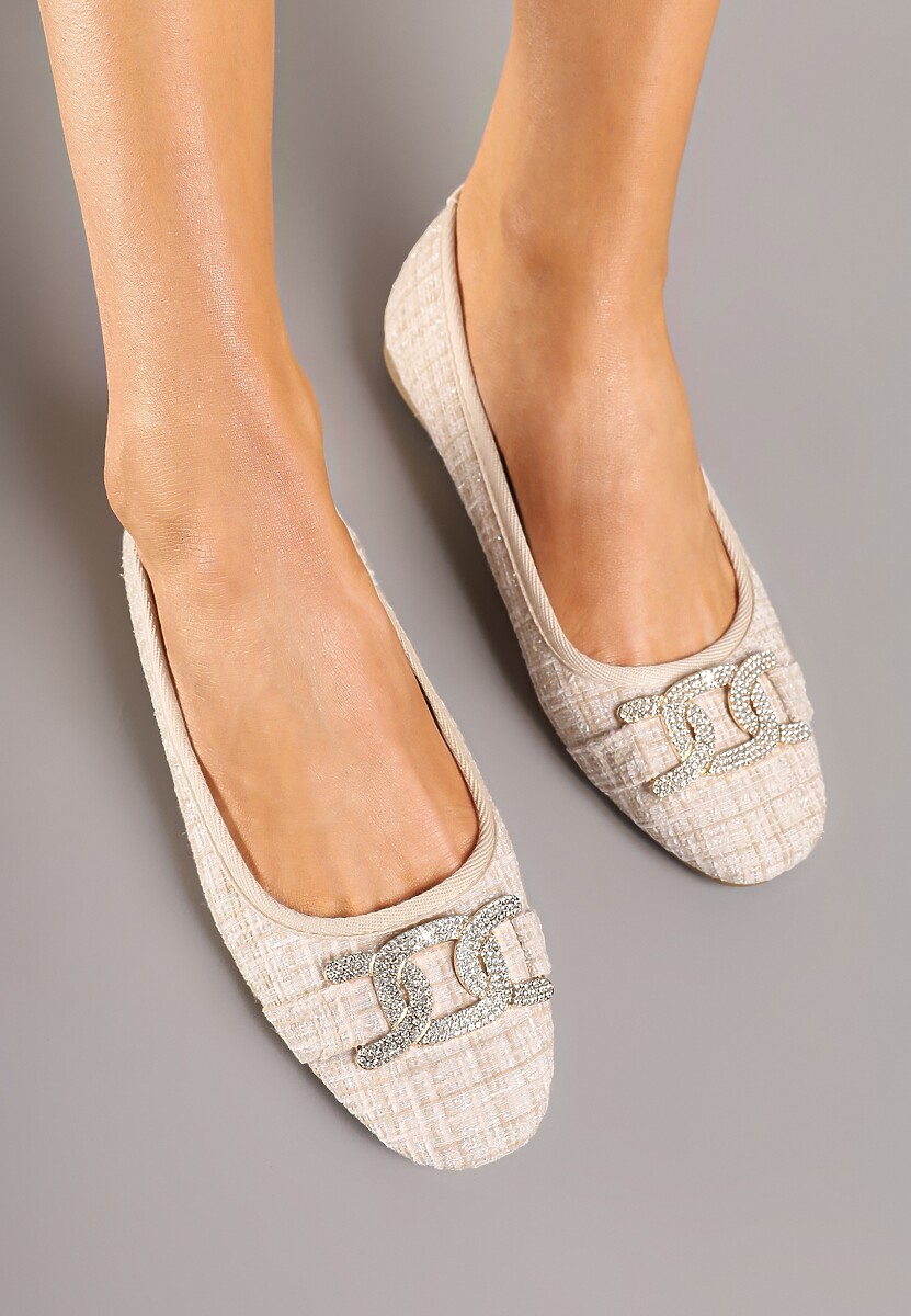 Beżowe Balerinki Tweedowe Ozdobione Cyrkoniami Nuritta