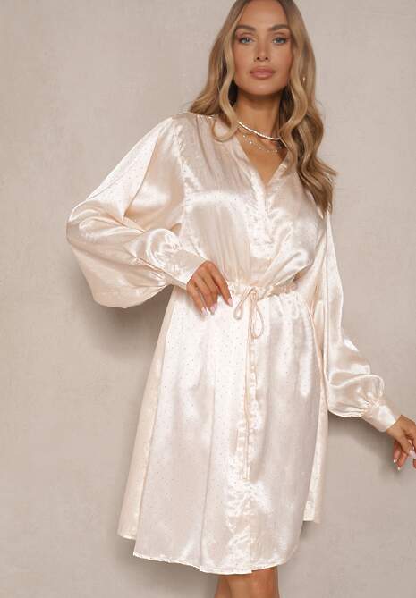 Beżowa Koszulowa Sukienka z Satyny Ozdobiona Cyrkoniami i Paskiem Miledis