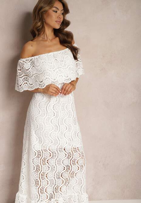 Biała Ażurowa Sukienka z Bawełny z Dekoltem Hiszpanką Wykończona Gumką w Talii Helavia