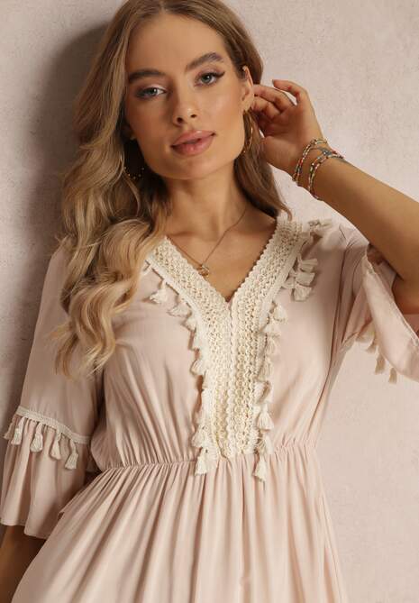 Beżowa Sukienka Maxi z Gumką w Talii z Ozdobnymi Chwostami z Wiskozy Zisel
