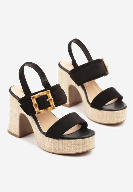 Czarne Sandały na Słupku i Platformie Ozdobione Klamrą Clezara