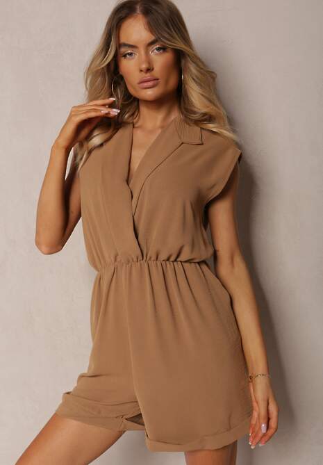 Brązowy Taliowany Kombinezon z Gumką w Pasie i Kopertowym Dekoltem Nansilyne