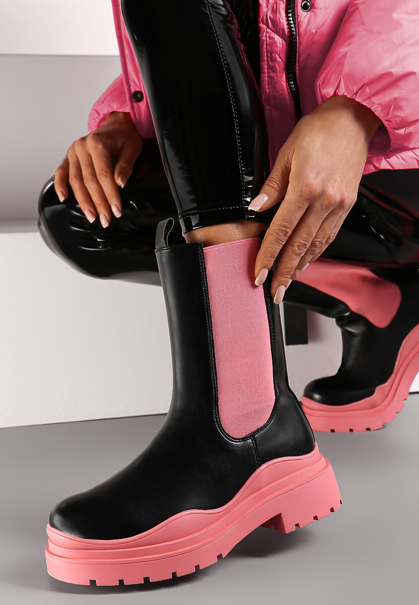 Czarno-Zielone Botki Sztyblety z Kolorowymi Wstawkami i Podeszwą Balke