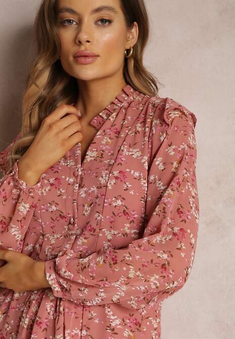 Różowa Sukienka Rozkloszowana w Kwiaty Keilana